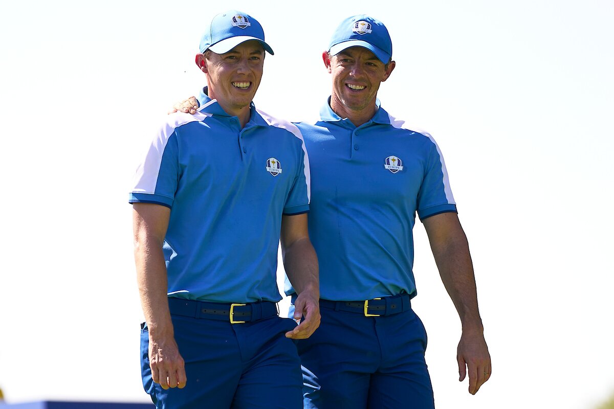 Matt Fitzpatrick y Rory McIlroy en los Fourballs del viernes de la Ryder Cup 2023. © Golffile | Pedro Salado