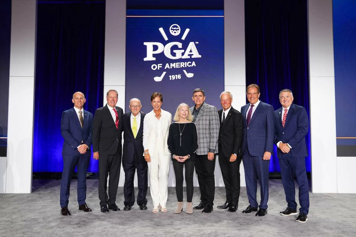 107th PGA Annual Meeting PGA of America Secretary, Nathan Charnes, PGA, PGA of America President, John Lindert, PGA, Don Wegrzyn, PGA, Suzy Whaley, PGA, Bettye Odle, Bert Wimberly, Robert F. Dolan Jr., PGA, Jim Nantz, and PGA of America Vice President, Don Rea, PGA pose after being honored at the 2023 PGA Hall of Fame Reception during the 107th PGA Annual Meeting at Omni Frisco Resort on Wednesday, November 8, 2023 in Frisco, Texas. (Photo by Darren Carroll/PGA of America)