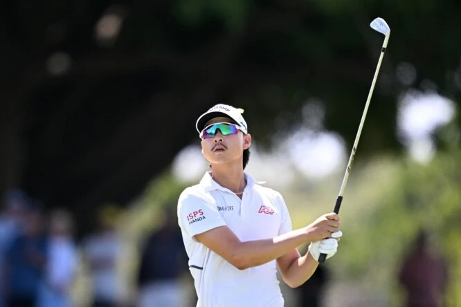 Min Woo Lee of Australia plays a shot during day two of the 2023 Australian PGA Championship at Royal Queensland Golf Club on November 24, 2023 in Brisbane, Australia. (Photo by Bradley Kanaris/Getty Images)