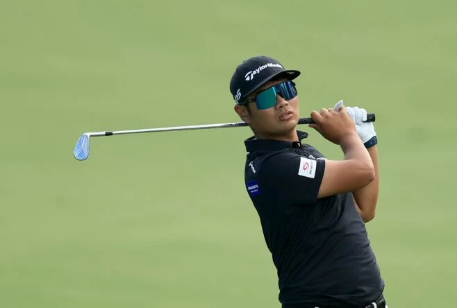 Ryo Hisatsune of Japan plays a shot during the pro-am as a preview for the DP World Tour Championship on the Earth Course at Jumeirah Golf Estates on November 14, 2023 in Dubai, United Arab Emirates. (Photo by David Cannon/Getty Images)