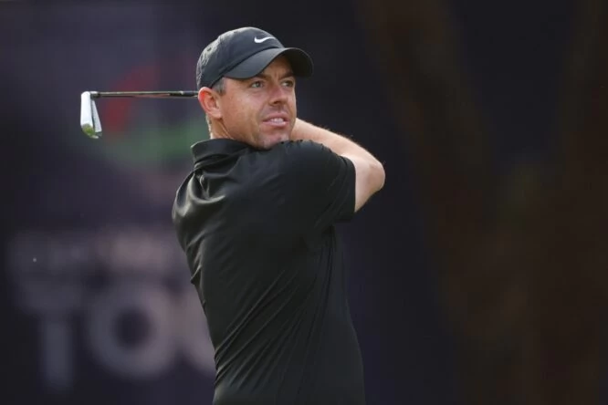 Rory McIlroy of Northern Ireland tees off on the fifth hole during the Pro-Am prior to the DP World Tour Championship on the Earth Course at Jumeirah Golf Estates on November 14, 2023 in Dubai, United Arab Emirates. (Photo by Andrew Redington/Getty Images)
