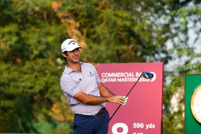 Jorge Campillo on the 18th tee first playoff hole during the final round at the Commercial Bank Qatar Masters 2023. © Golffile | Fran Caffrey