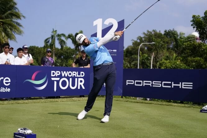 Matthieu Pavon in action on the 12th tee during the 2nd round of the Porsche Singapore Classic, Laguna National Golf Resort Club, Singapore. © Golffile | Fran Caffrey