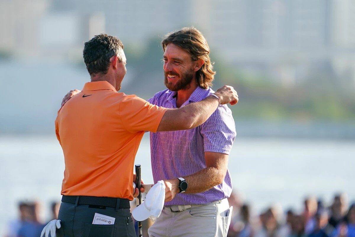 Dubai Invitational Rory McIlroy and Tommy Fleetwood on the 18th green during the final round of the 2024 Dubai Invitational. © Golffile | Fran Caffrey