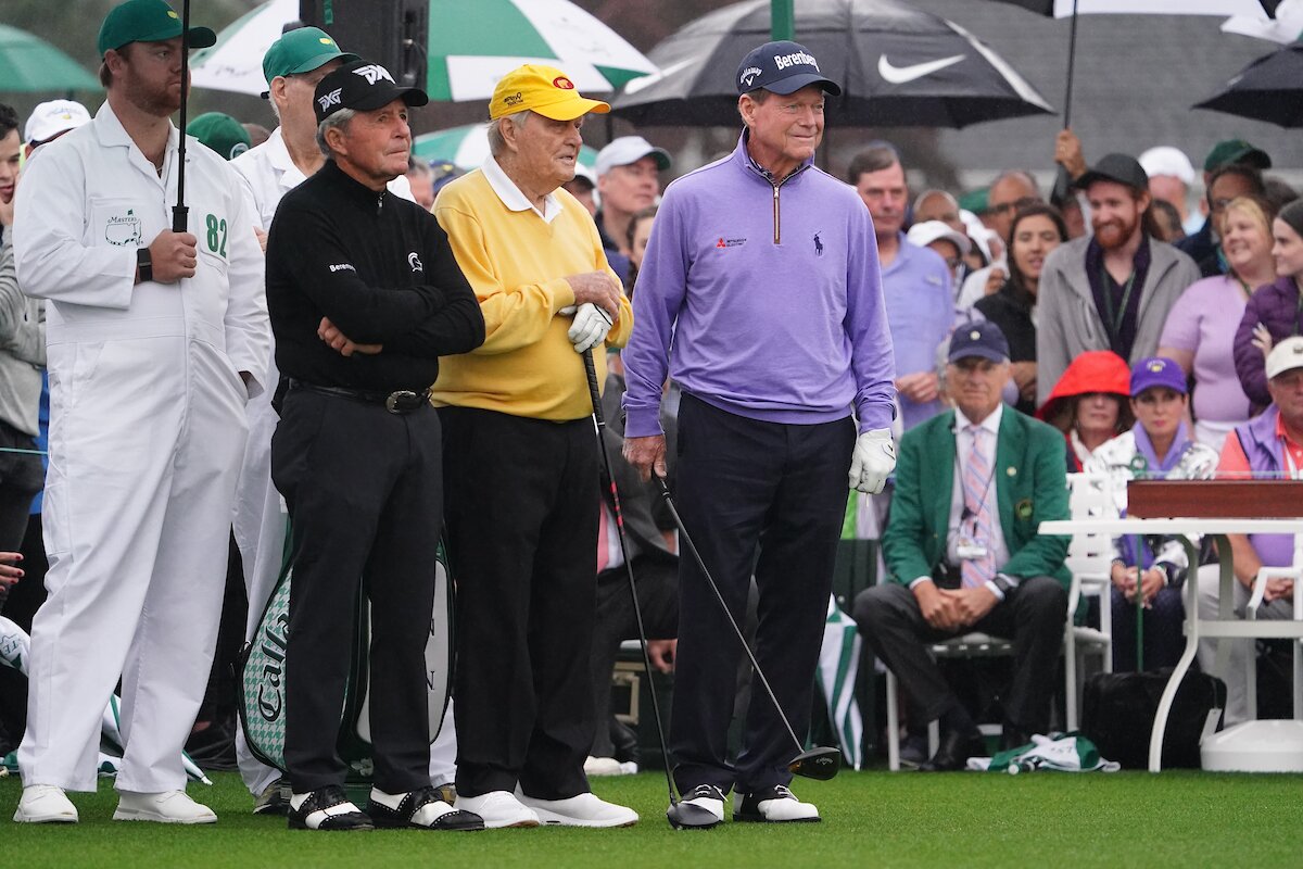 Gary Player, Jack Nicklaus, and Tom Watson during the honorary tee shot on the first day of the 2022 Masters. © Golffile | Fran Caffrey