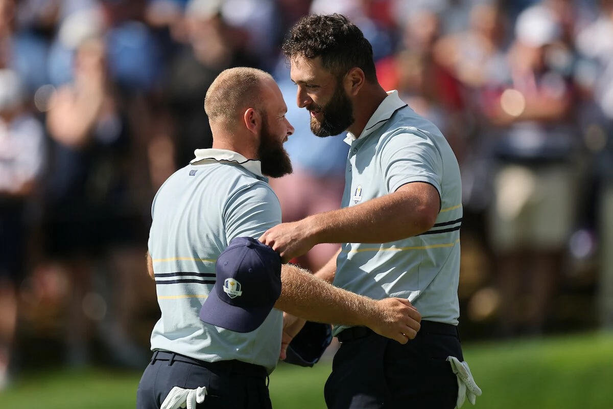 Tyrrell Hatton and Jon Rahm on the 15th hole at Bethpage after winning their match in the foursomes on Friday of the 2025 Ryder Cup. (Photo by Michael Reaves/PGA of America) Tyrrell Hatton and Jon Rahm on the 15th hole at Bethpage after winning their match in the foursomes on Friday of the 2025 Ryder Cup. (Photo by Michael Reaves/PGA of America)