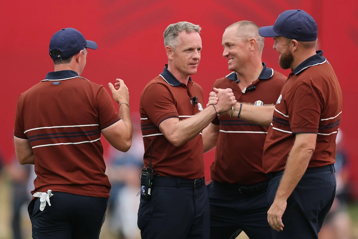 Team Europe captain Luke Donald and vice-captain Alex Noren with Shane Lowry and Rory McIlroy after Saturday's fourball session of the 2025 Ryder Cup. (Photo by Michael Reaves/PGA of America) Team Europe captain Luke Donald and vice-captain Alex Noren with Shane Lowry and Rory McIlroy after Saturday's fourball session of the 2025 Ryder Cup. (Photo by Michael Reaves/PGA of America)