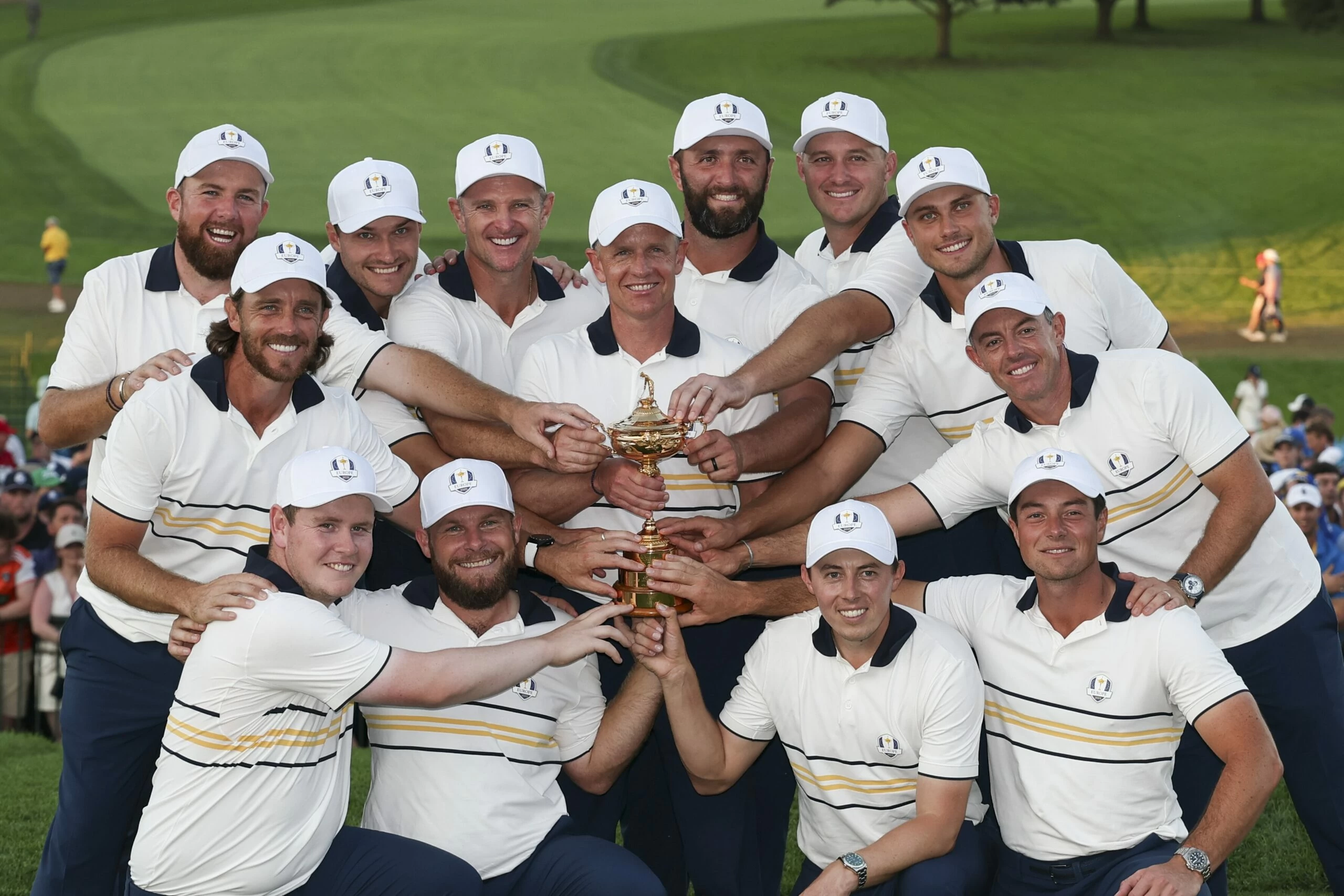 Shane Lowry, Tommy Fleetwood, Robert MacIntyre, Rasmus Hojgaard, Tyrrell Hatton, Justin Rose, Captain Luke Donald, Jon Rahm, Sepp Straka, Matt Fitzpatrick, Ludvig Aberg, Rory McIlroy and Viktor Hovland of the European team pose with the 2025 Ryder Cup winners' trophy. (Photo by Scott Taetsch/PGA of America) Shane Lowry, Tommy Fleetwood, Robert MacIntyre, Rasmus Hojgaard, Tyrrell Hatton, Justin Rose, Captain Luke Donald, Jon Rahm, Sepp Straka, Matt Fitzpatrick, Ludvig Aberg, Rory McIlroy and Viktor Hovland of the European team pose with the 2025 Ryder Cup winners' trophy. (Photo by Scott Taetsch/PGA of America)