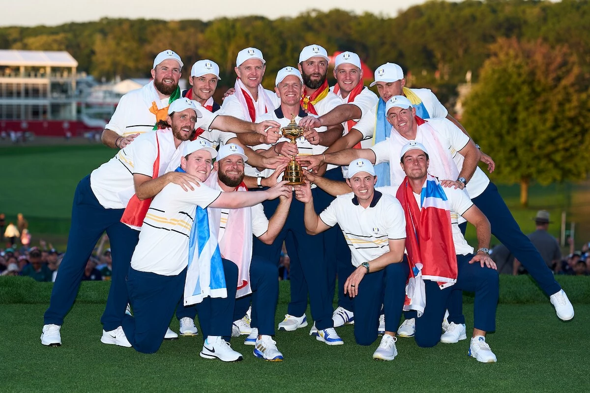 The European team poses with the 2025 Ryder Cup winner's trophy. (Photo by Mateo Villalba/CAPTURASPORT) The European team poses with the 2025 Ryder Cup winner's trophy. (Photo by Mateo Villalba/CAPTURASPORT)