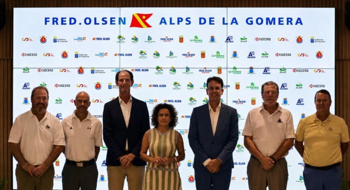Alps de la Gomera 2026 From left to right: Javier Gervás, General Manager of JGolf; Alessandro Pia, Tournament Director of the Alps Tour; Andrés Marín, General Manager of Fred. Olsen S.A.; Angélica Padilla Herrera, Mayor of San Sebastián de La Gomera; Adasat Reyes, Vice President of the Cabildo de La Gomera; Diego Cambreleng, President of the Canary Islands Golf Federation; and Primos Pusnik, Asset Director of Fred. Olsen S.A. and Director of Tecina Golf.