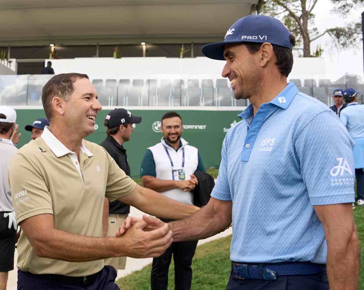 Sergio García saluda a Rafa Cabrera Bello en la previa del Open de España. © Open de España Sergio García saluda a Rafa Cabrera Bello en la previa del Open de España. © Open de España